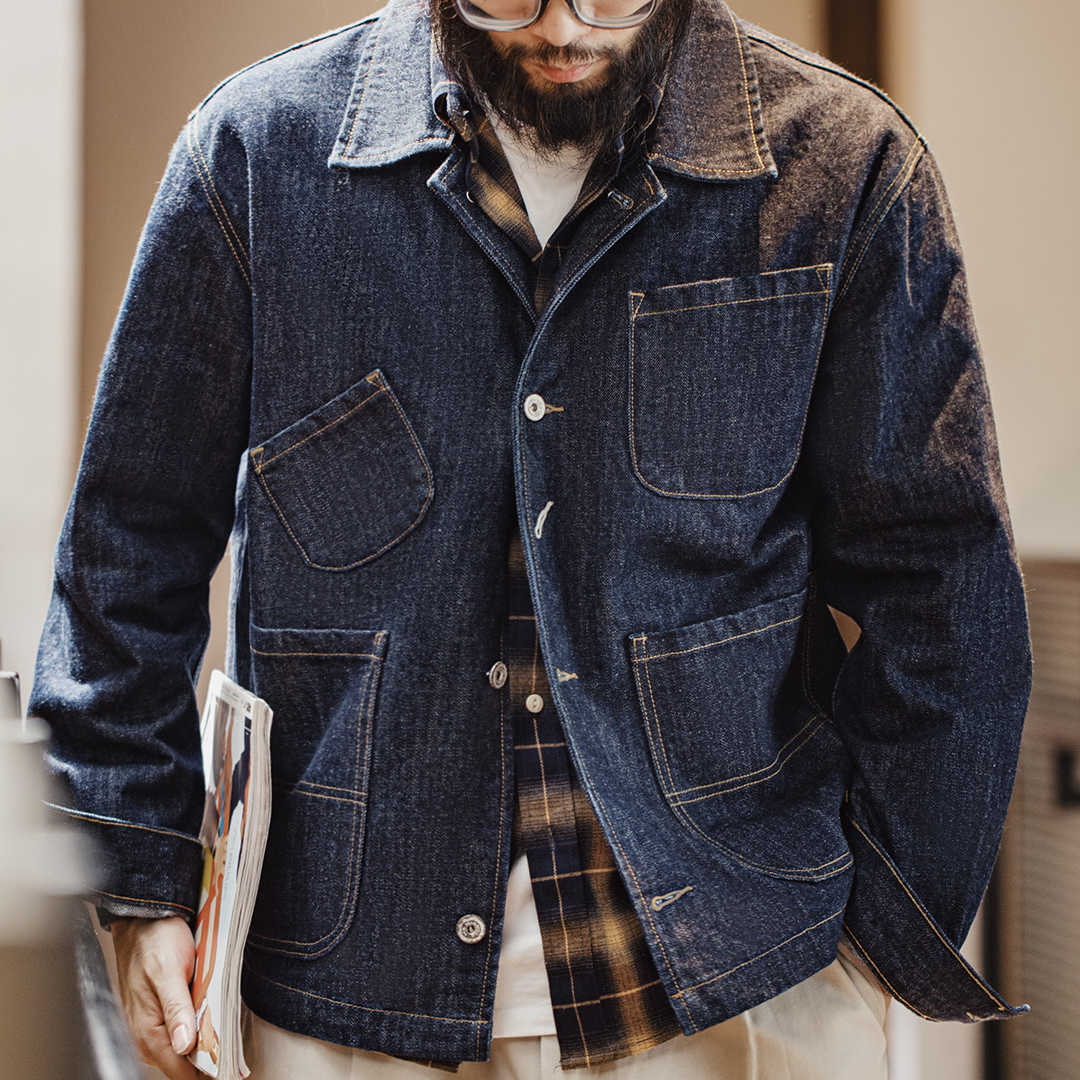 MADEN Vintage Four-Bag Denim Jacket Lapel Denim Amekaji Multi-Pocket Coat for Men Autumn