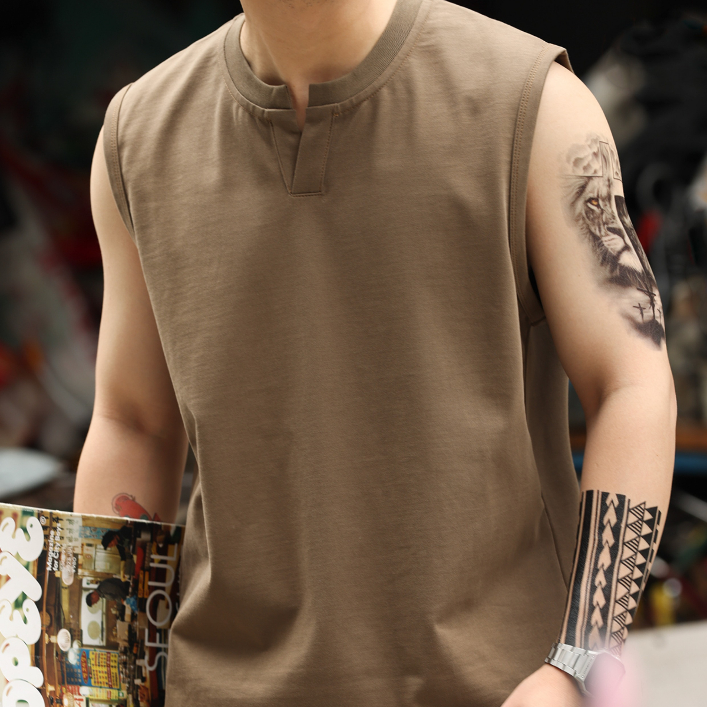 American casual 345g polo neck men's sports tough guy sleeveless vest