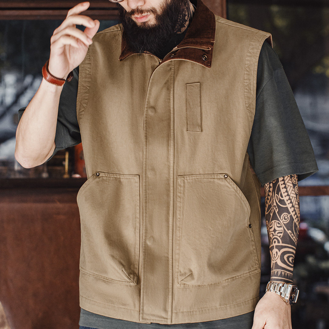 American Retro Safari Hunting Suit Pure Cotton Khaki Corduroy Vest