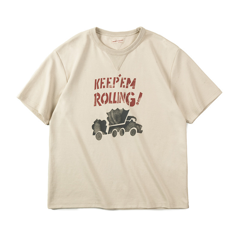 Maden Retro Graffiti Letter Printed Short sleeved T-shirt Blended Round Neck Apricot Pee