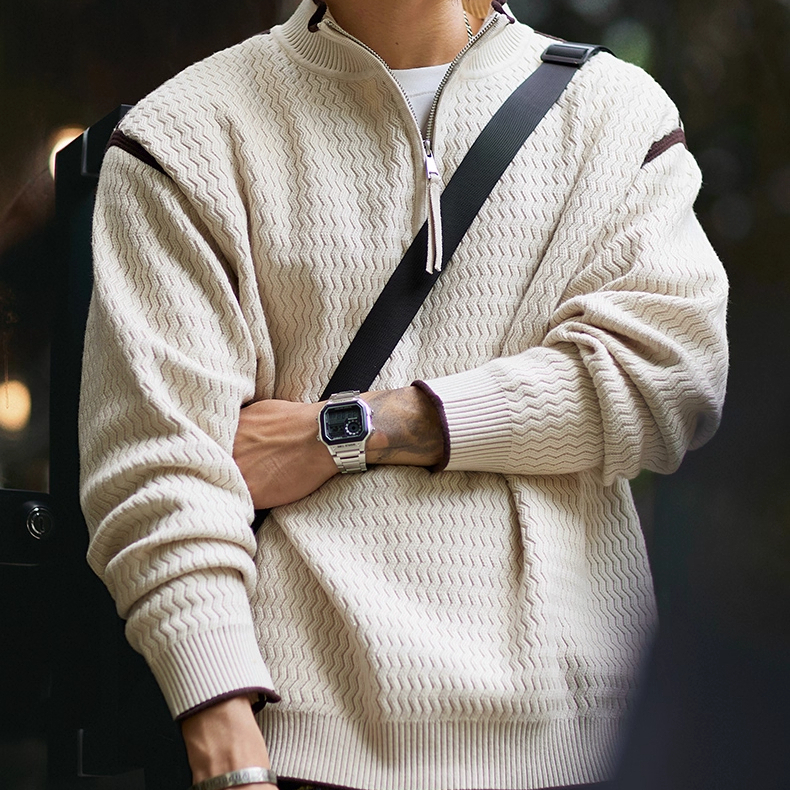 2025 New Men's Loose Casual Stand up Collar Half Zipper Color blocked Knitted Polo shirt