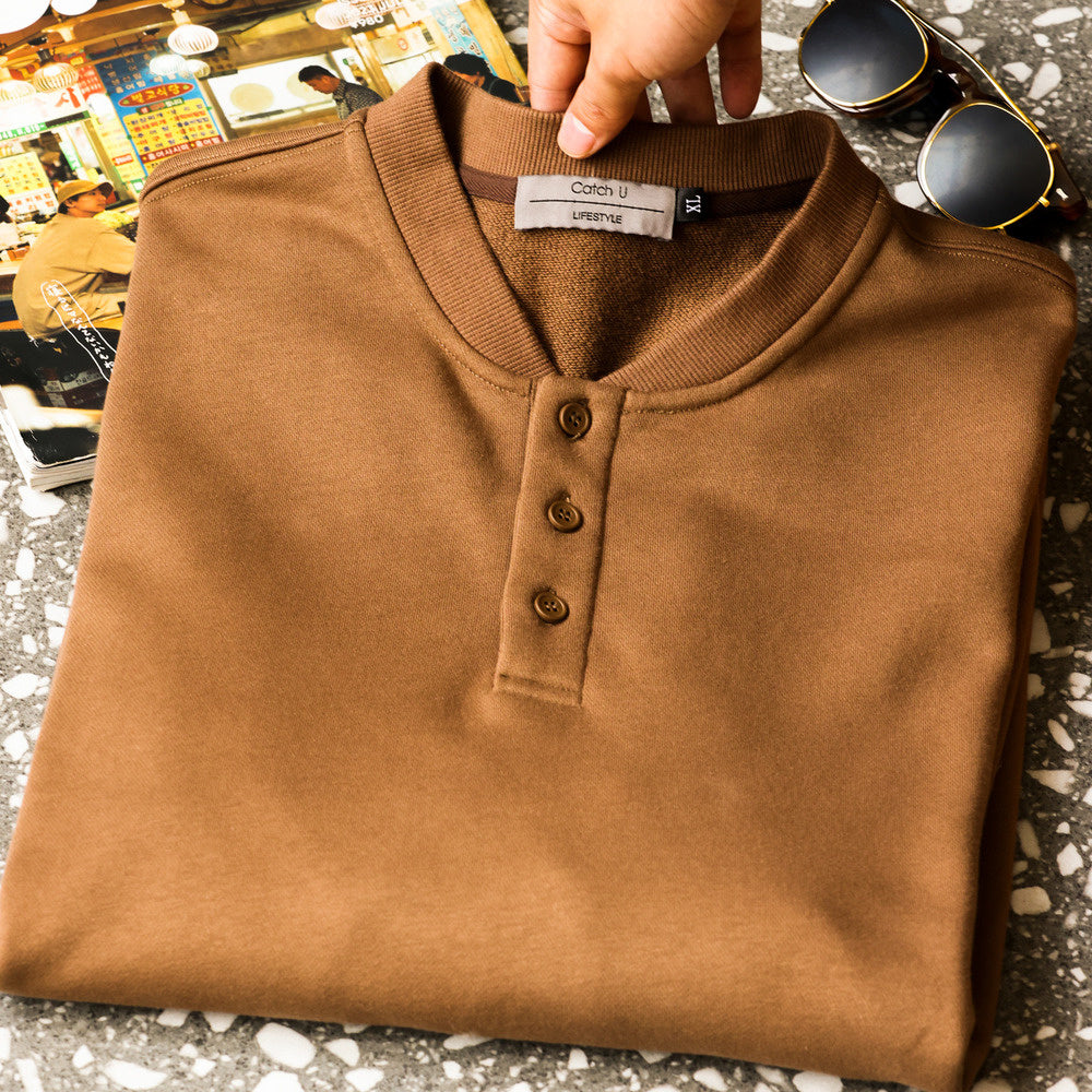 Casual Henry collar looped bottom hoodie, deep khaki clean fit long sleeved base shirt