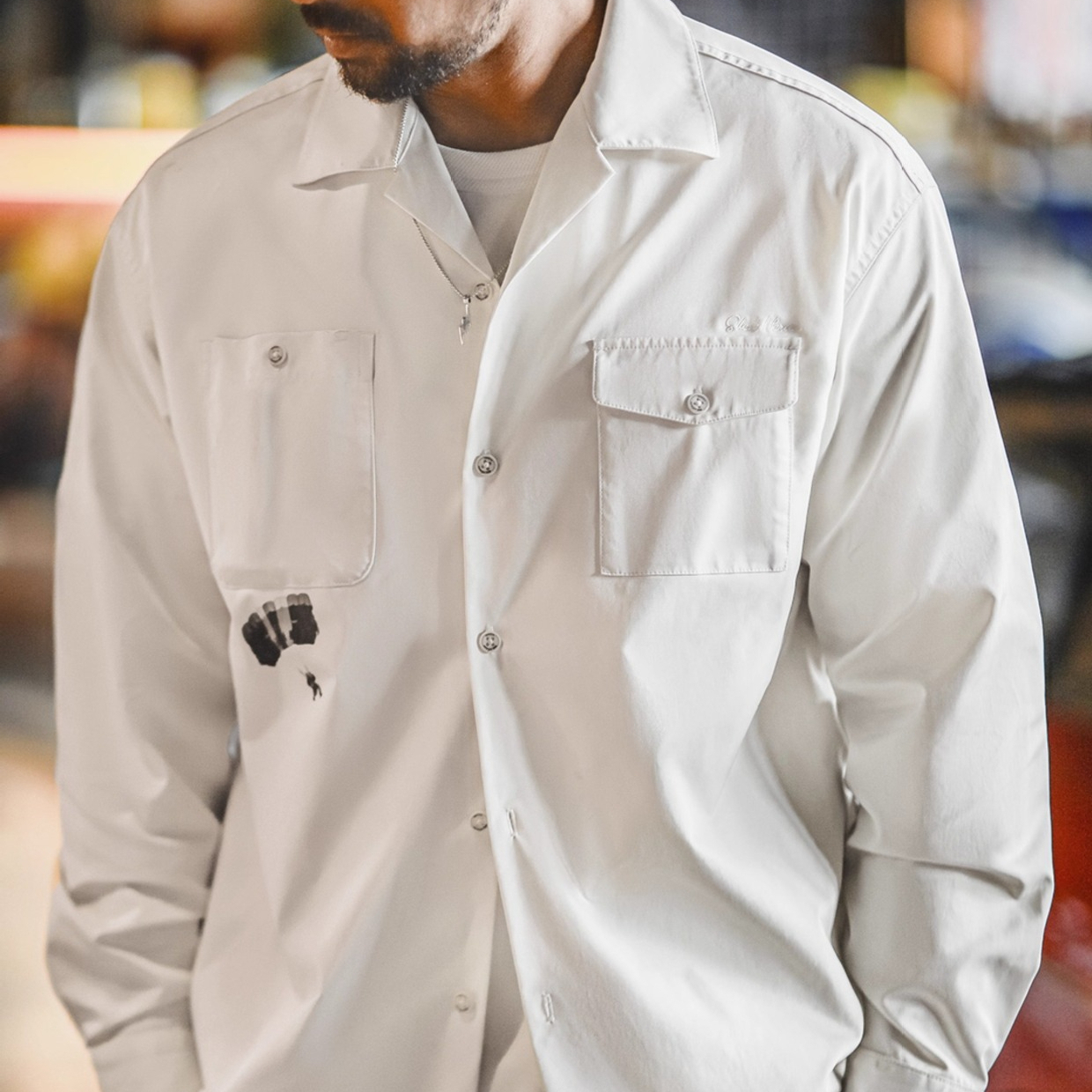 American retro printed Cuban collar loose white casual long sleeved shirt