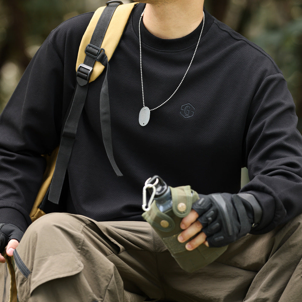 Casual 320g diagonal sweatshirt men's loose embroidered wrinkle resistant texture long sleeved T-shirt