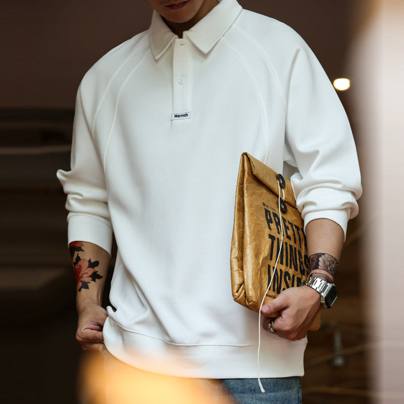 Japanese retro lapel long sleeved polo shirt 300g heavyweight split splicing raglan casual top