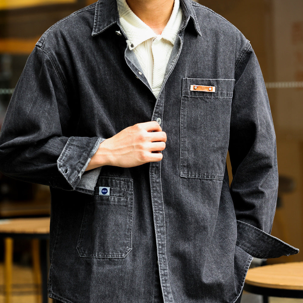 Workwear Long Sleeve Denim Shirt Loose Lapel Peplum Vintage Sense Casual Blouse Jacket