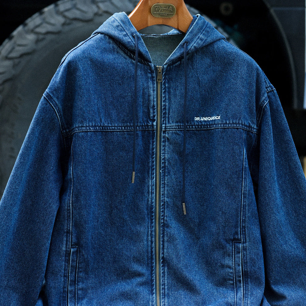 American casual men's loose denim washed zipper hooded denim jacket