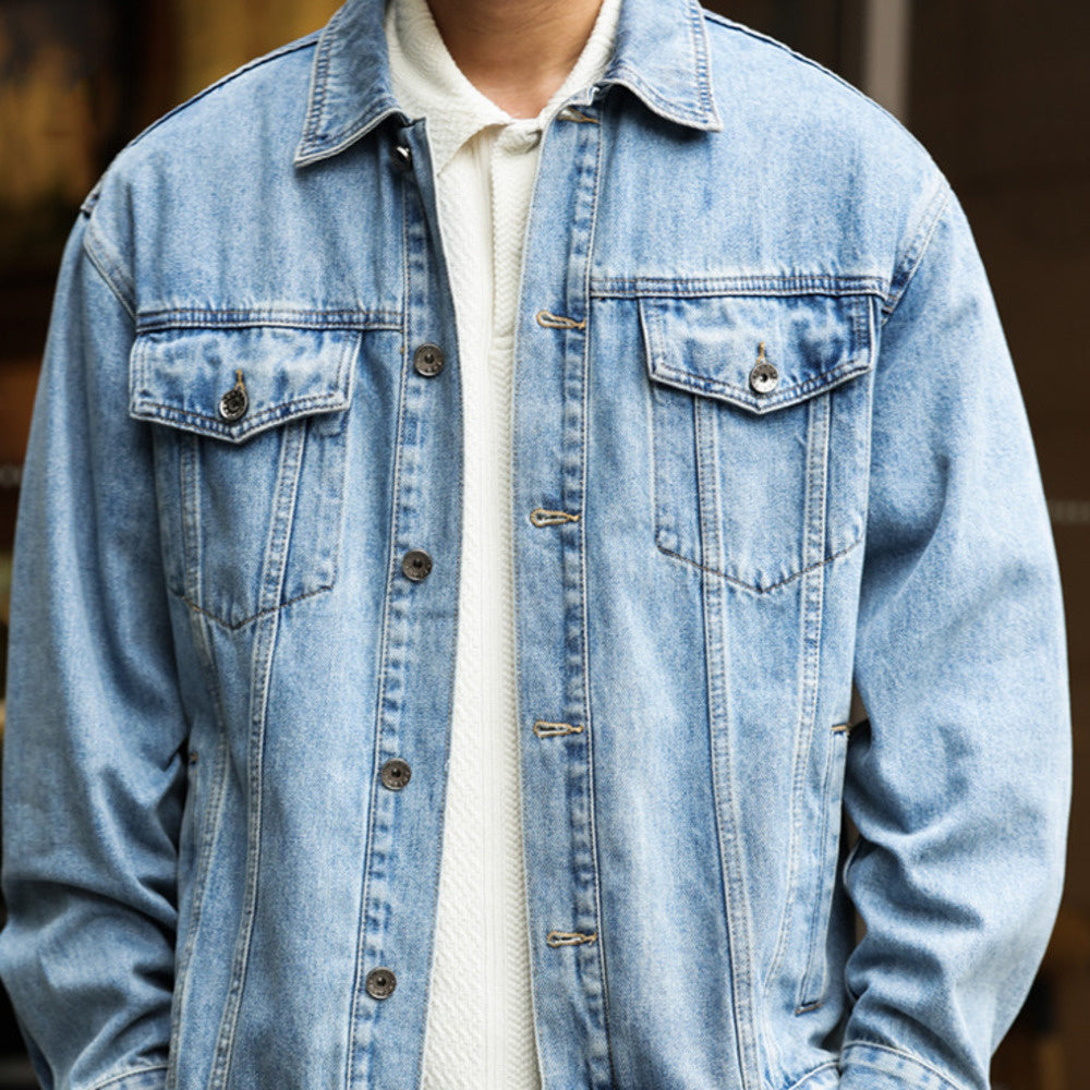 Sailuo Textile Water Washed Light Blue Cowboy Jacket Men's Outerwear Flip Collar Casual Coat