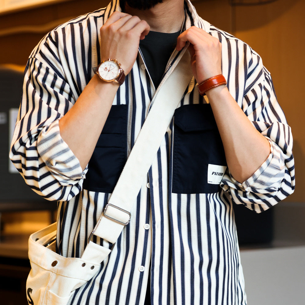 Texture based color woven striped shirt for men's casual, iron free, woven texture long sleeved shirt