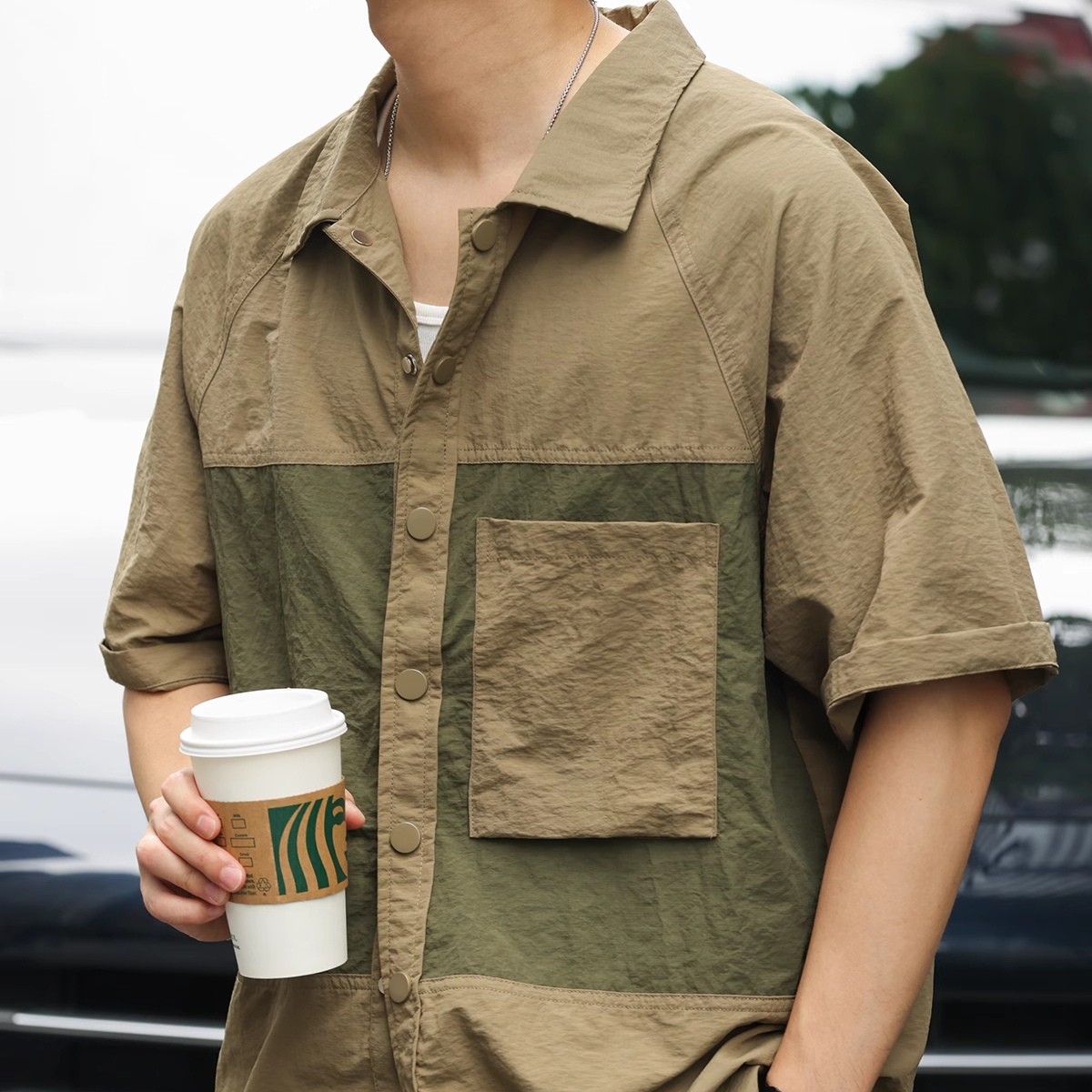 American retro slightly pleated men's 140g contrasting patchwork pocket shirt