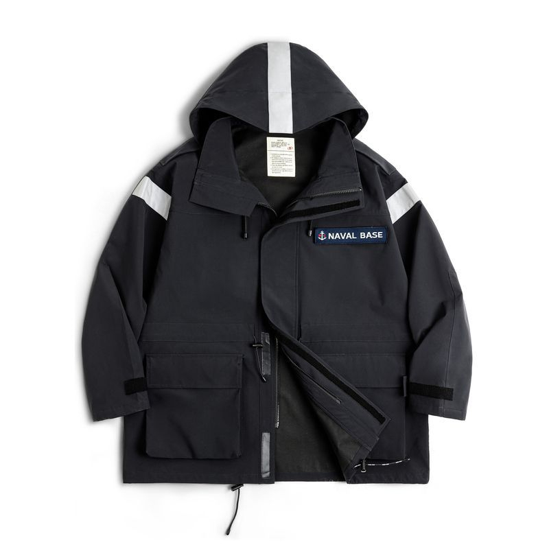 Maggoed Vintage Mid-Length Navy Parker Trench Coat Loose Windproof Hooded Jacket Coat