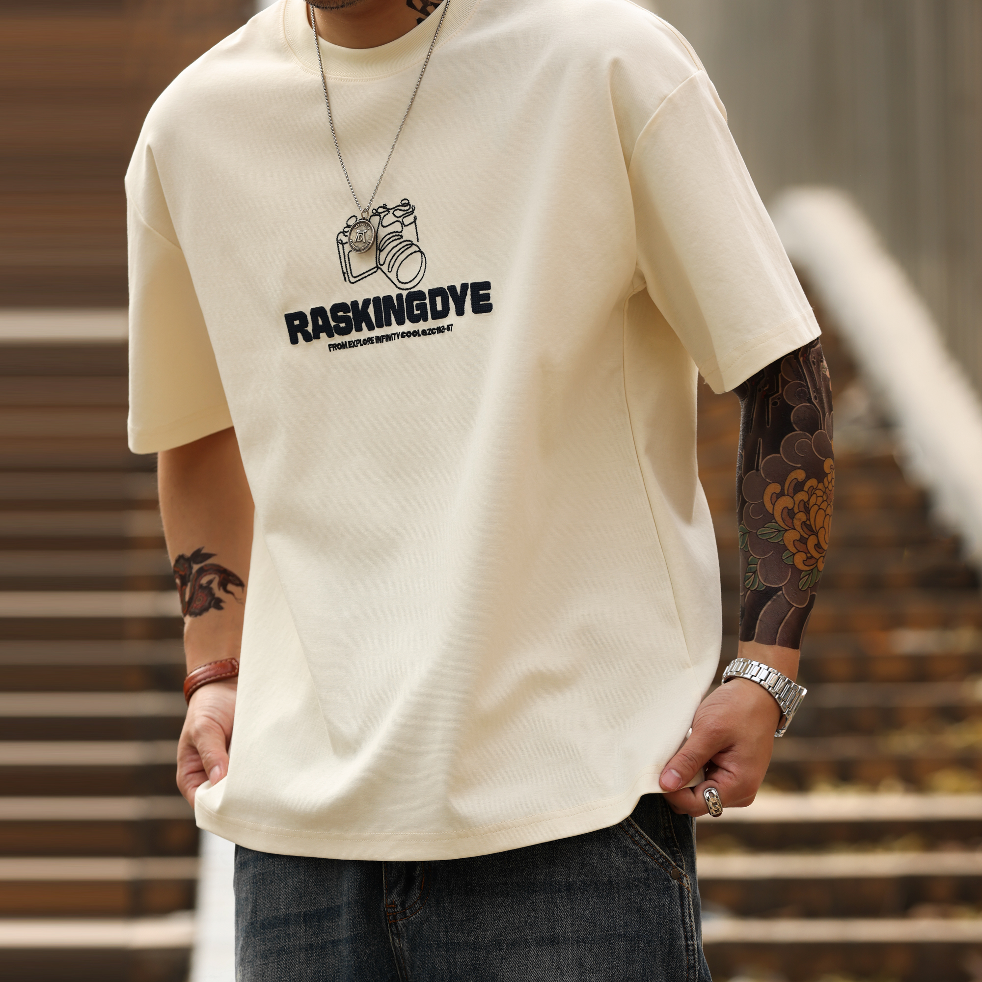 American casual printed 210G Men's loose cotton short sleeved T-shirt