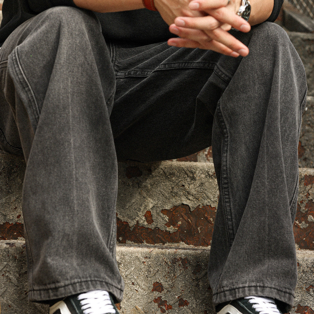 Retro washed black jeans vintage heavyweight drape straight leg wide leg pants