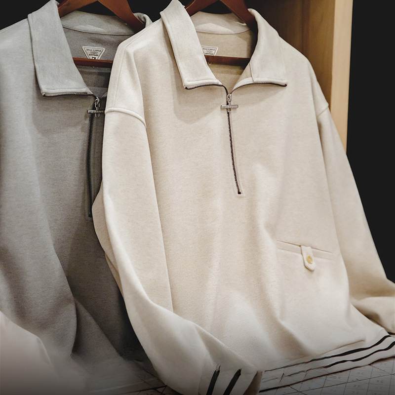 Magi Retro Ivy College Half Zipper Heavy Lapel Loose Pullover Top