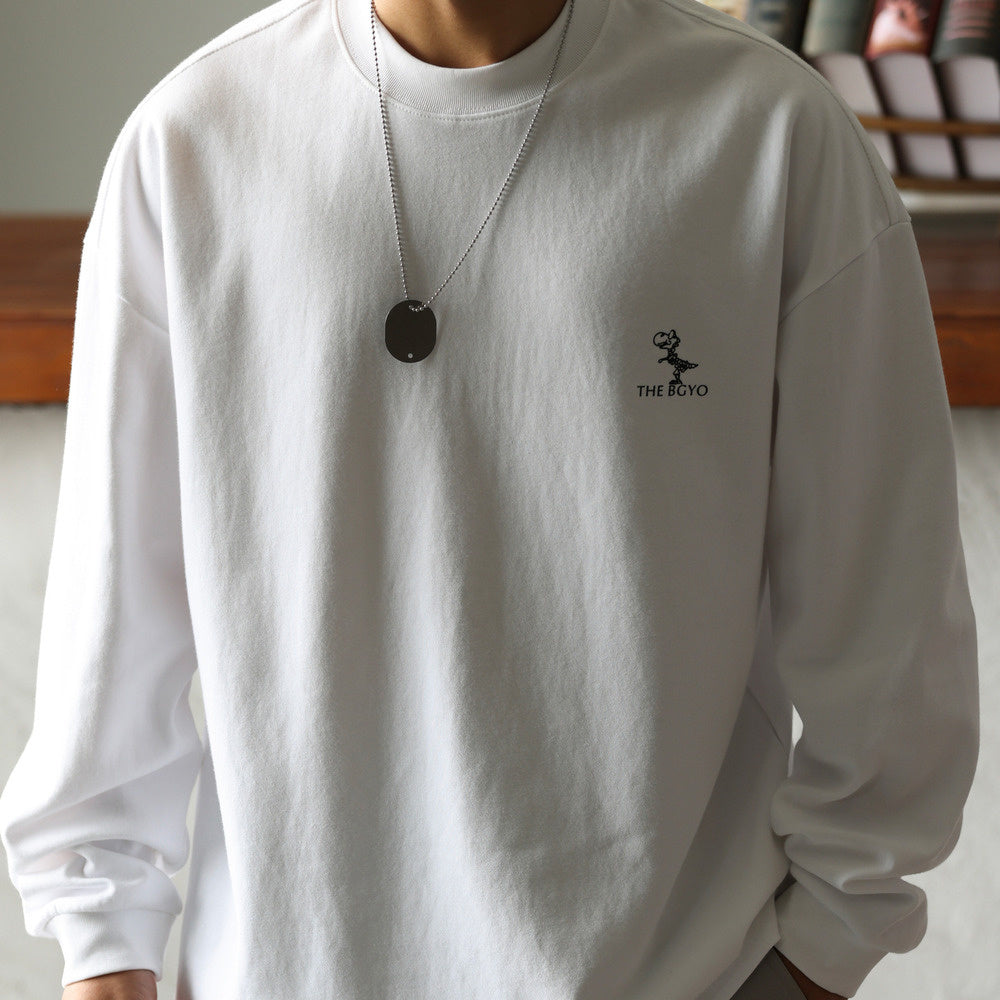 BGYO Fun Dinosaur Long Sleeve T-shirt for Men, Loose 300g, Small Collar, American Casual White Base Shirt
