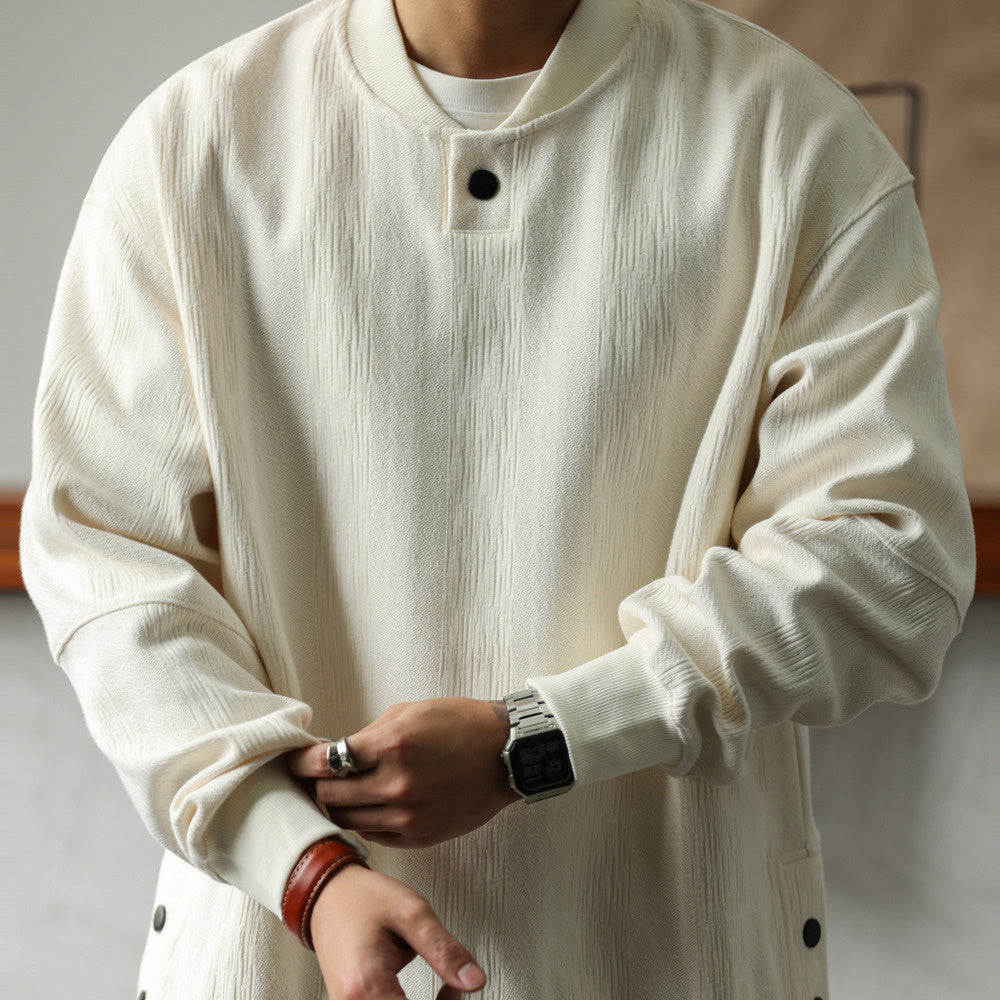 Casual Heavyweight Jacquard Textured Sweatshirt Loose Design Loose Baseball Neck Pullover Sweatshirt