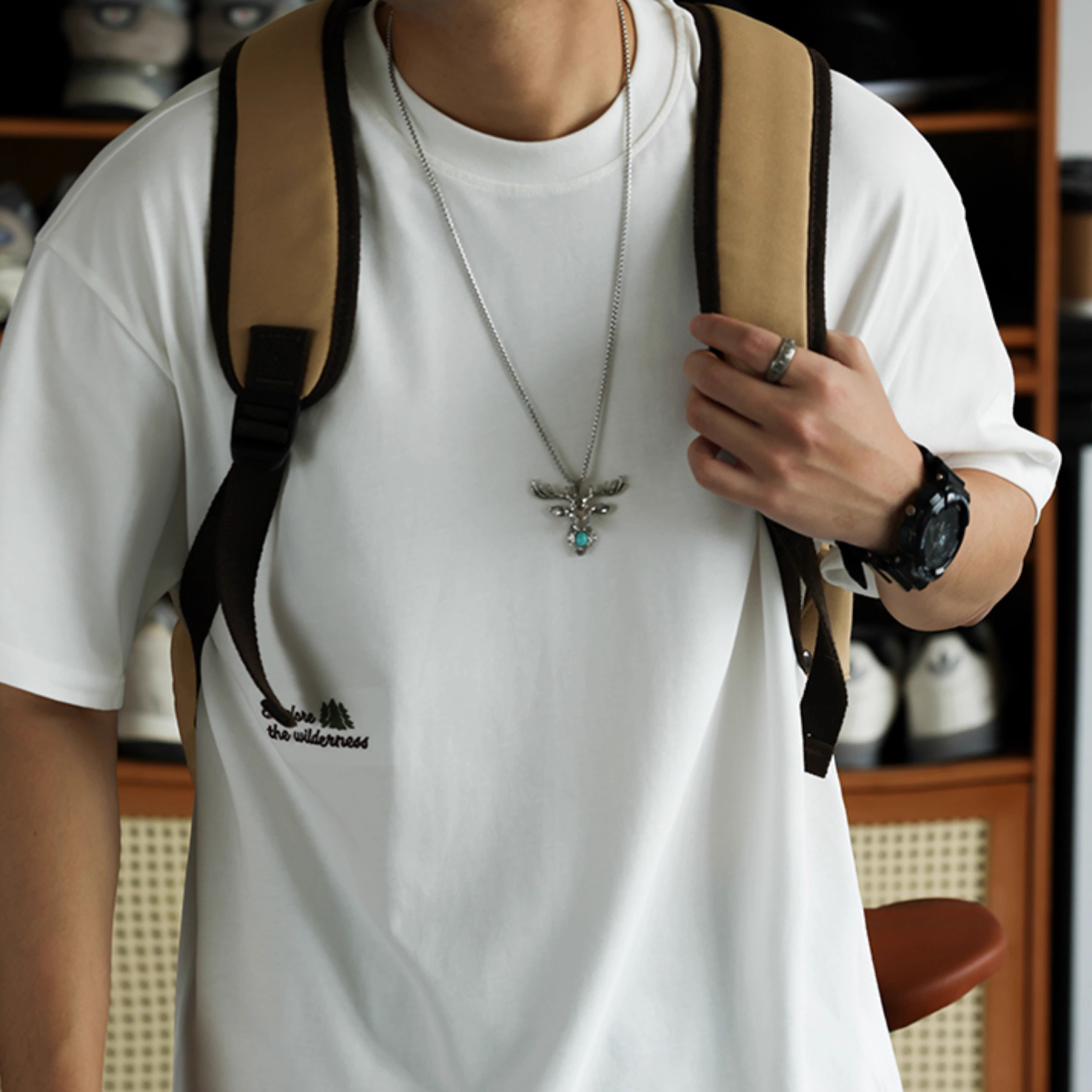 American casual fun embroidered men's pure cotton round neck T-shirt