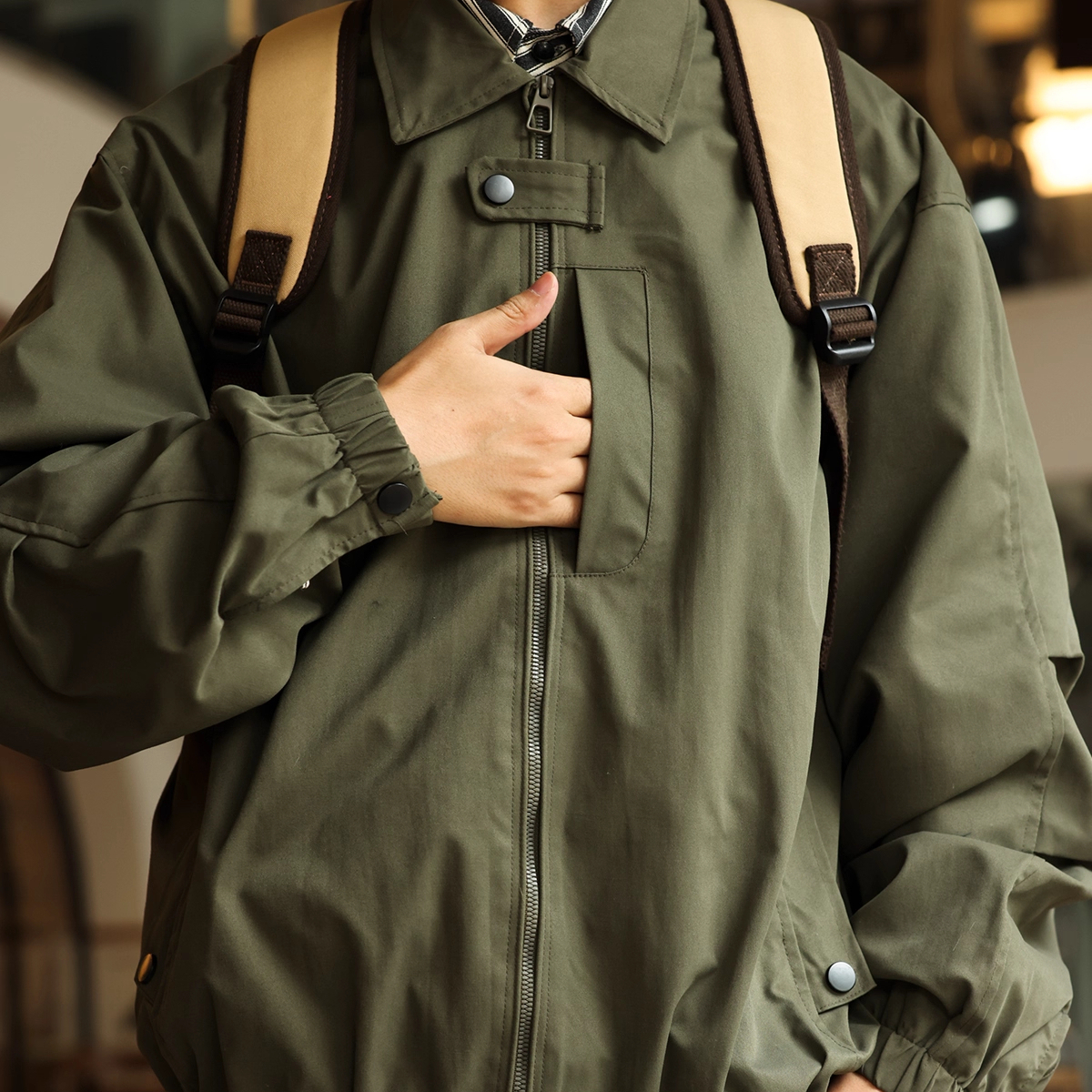 American Retro Lapel Men'S Casual Loose Military Green Detroit Jacket