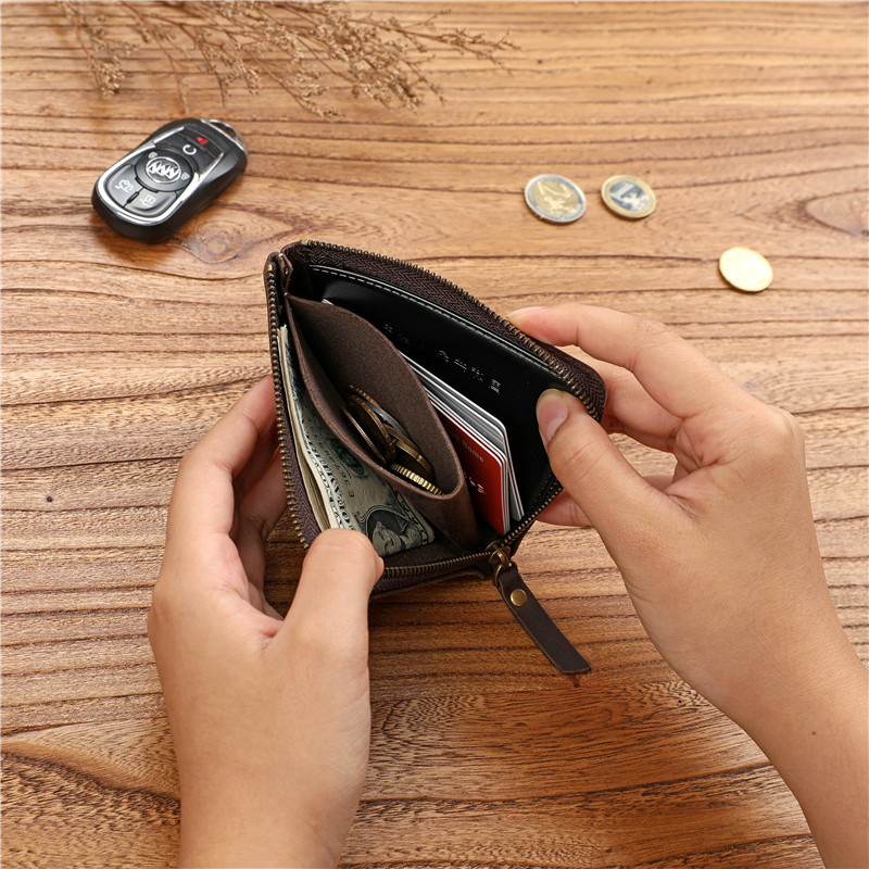 Retro men's top layer cowhide short zipper leather wallet