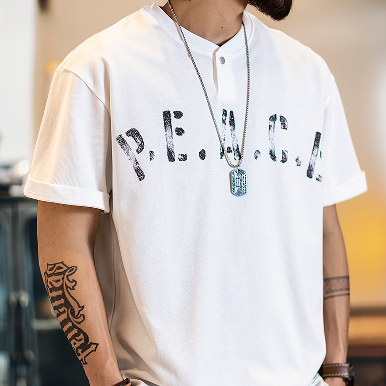 American casual printed men's Henry collar loose cotton T-shirt