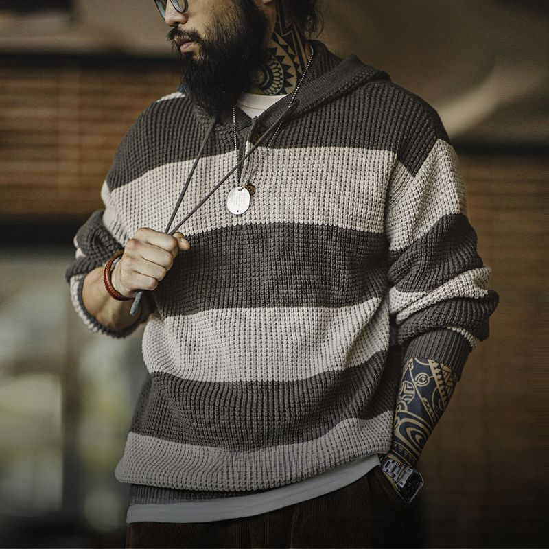  casual contrasting striped hooded knit sweater, college style sweater, loose pullover hoodie