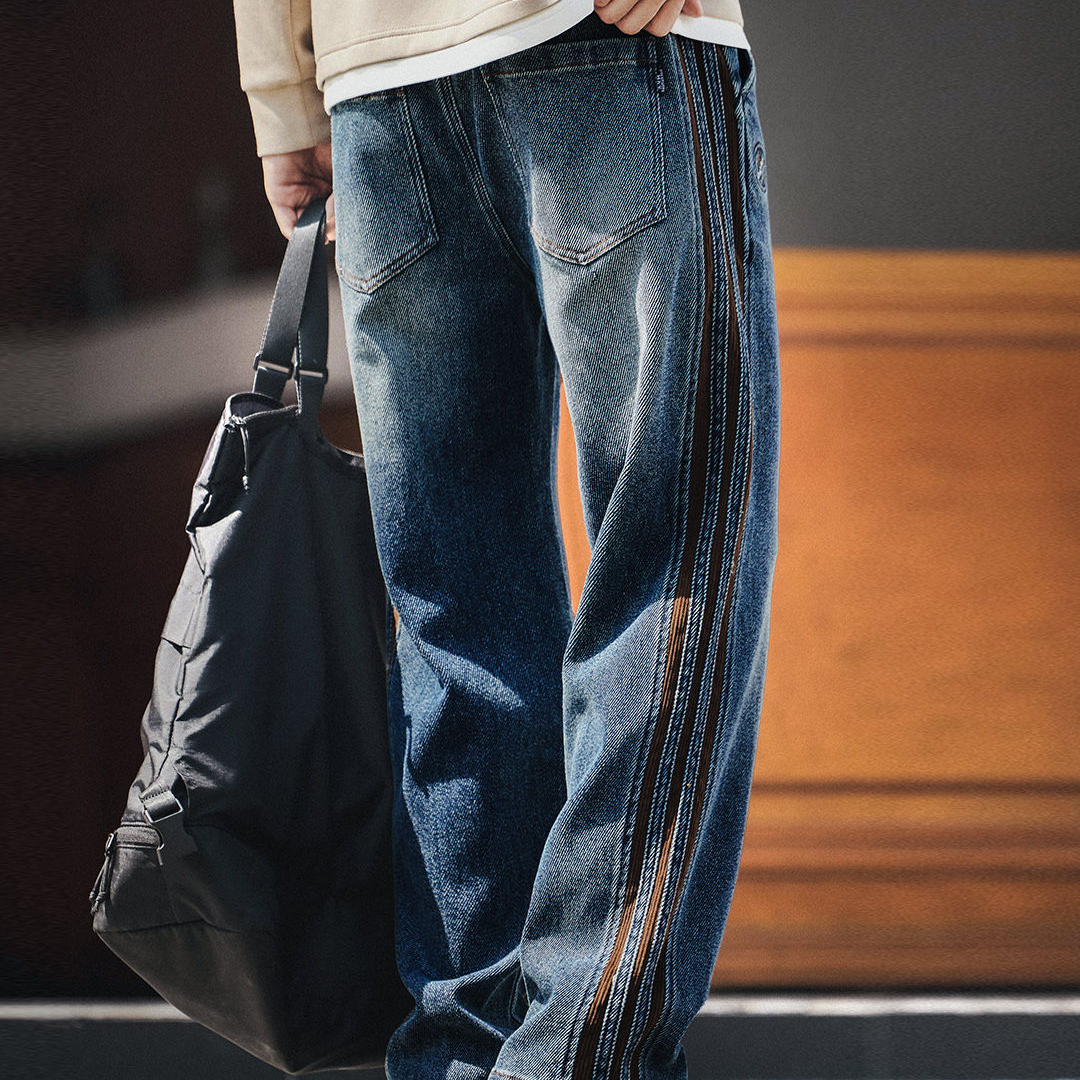 American Retro Three Bar Corduroy Patchwork Casual Loose Jeans