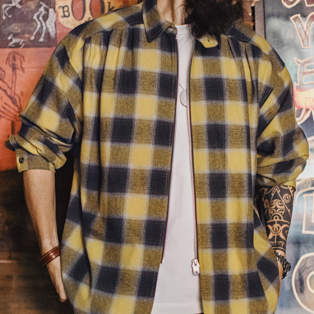 American Retro Plaid Lapel Plaid Pure Cotton Long Sleeved Zipper Shirt