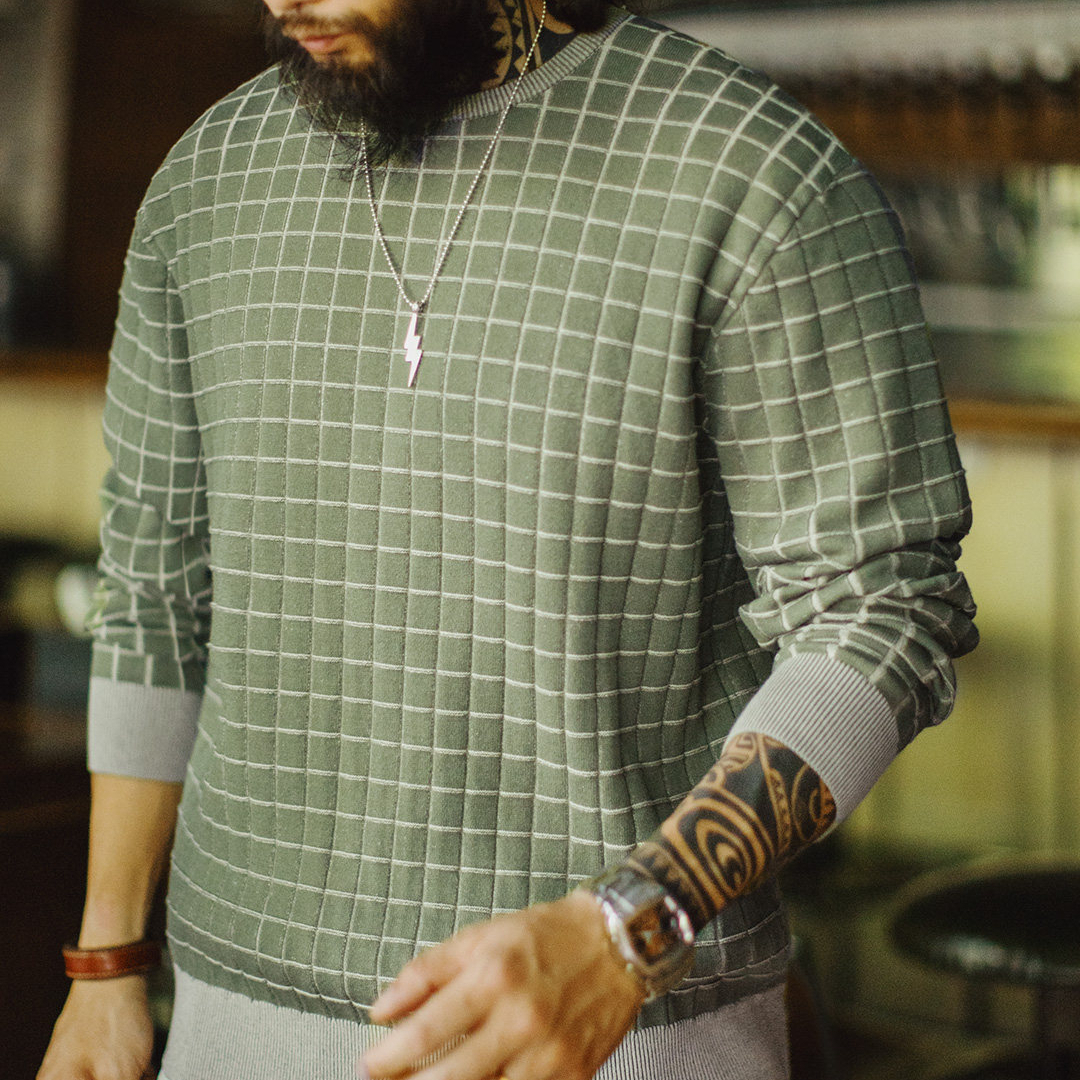 American Retro Plaid Round Neck Sweatshirt With Plaid Green Long Sleeved T-Shirt