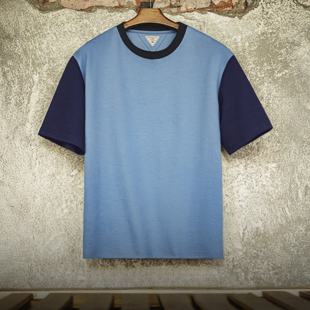 American retro color blocked threaded collar with loose shoulder sleeves T-shirt