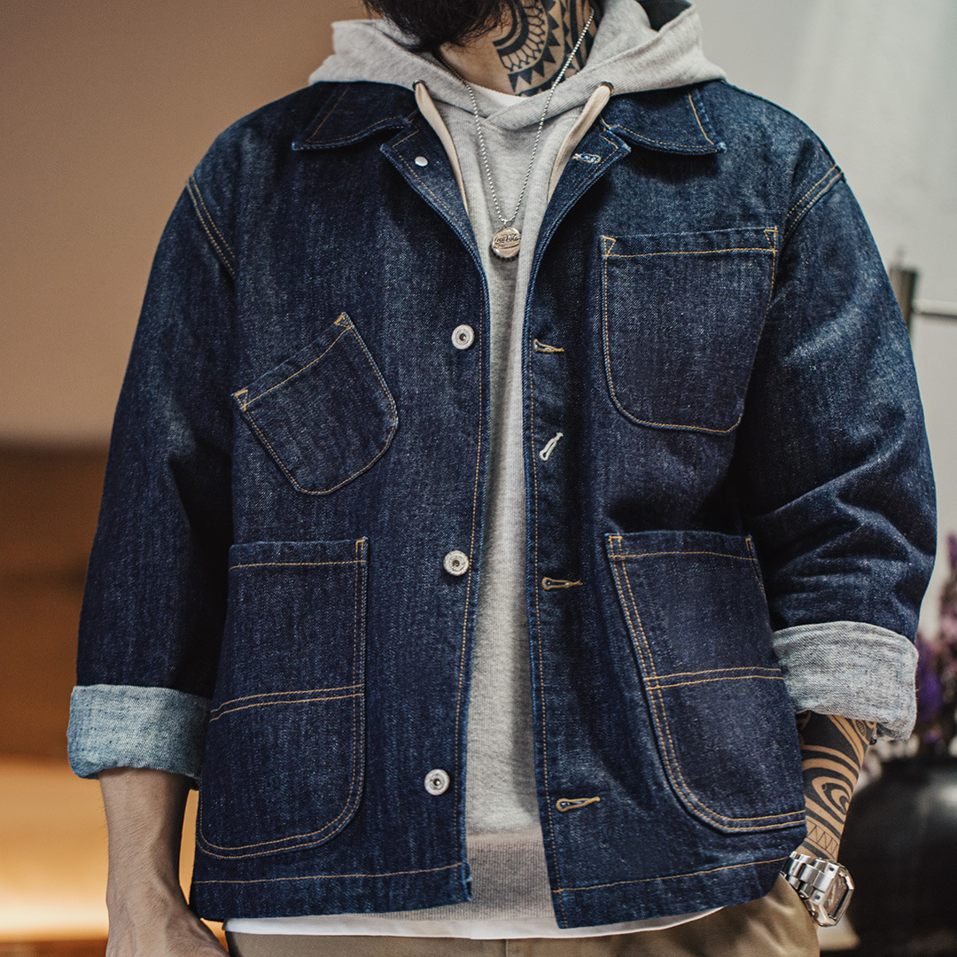 MADEN Vintage Four-Bag Denim Jacket Lapel Denim Amekaji Multi-Pocket Coat for Men Autumn