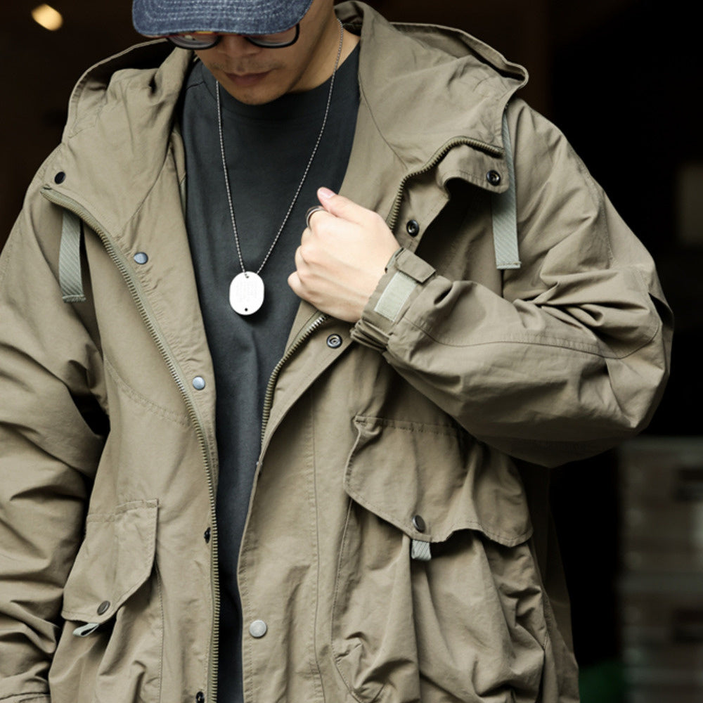 Retro mountain style workwear jacket, loose sports large pocket windproof hooded jacket