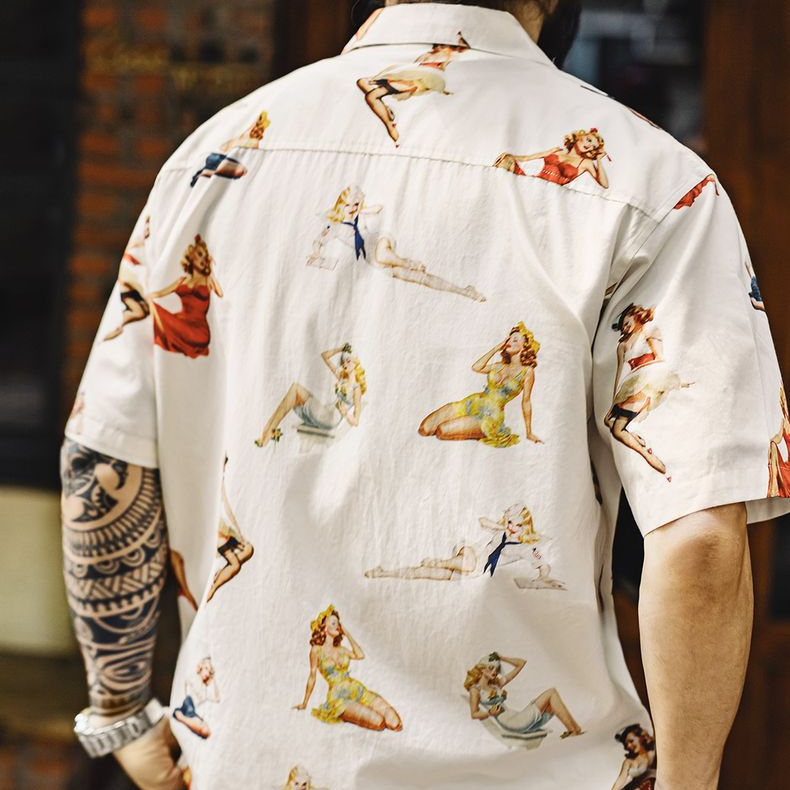 American Retro Full Print Cuban Collar Hawaiian Beach Short Sleeved Shirt