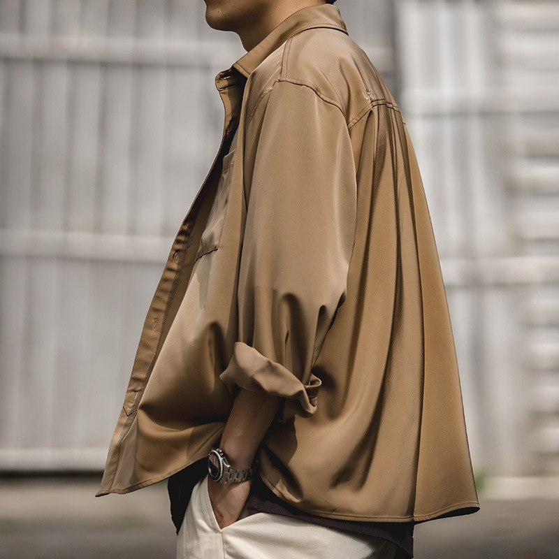 Maden Vintage Satin Long Sleeve Shirt Loose Ice Silk Pendant Shirt