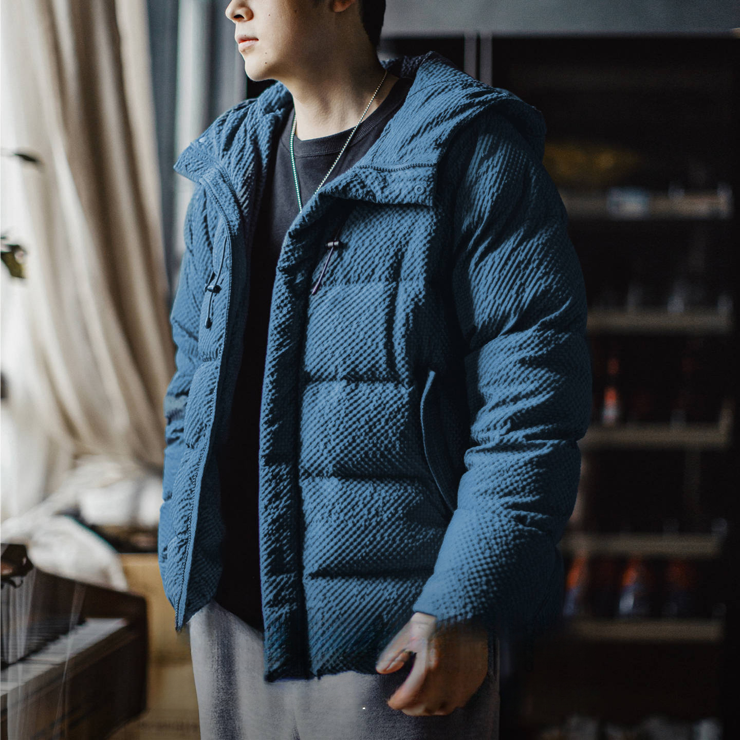 American Style Bubble Gauze 90 White Duck Down High Fluffiness Hooded Down Jacket