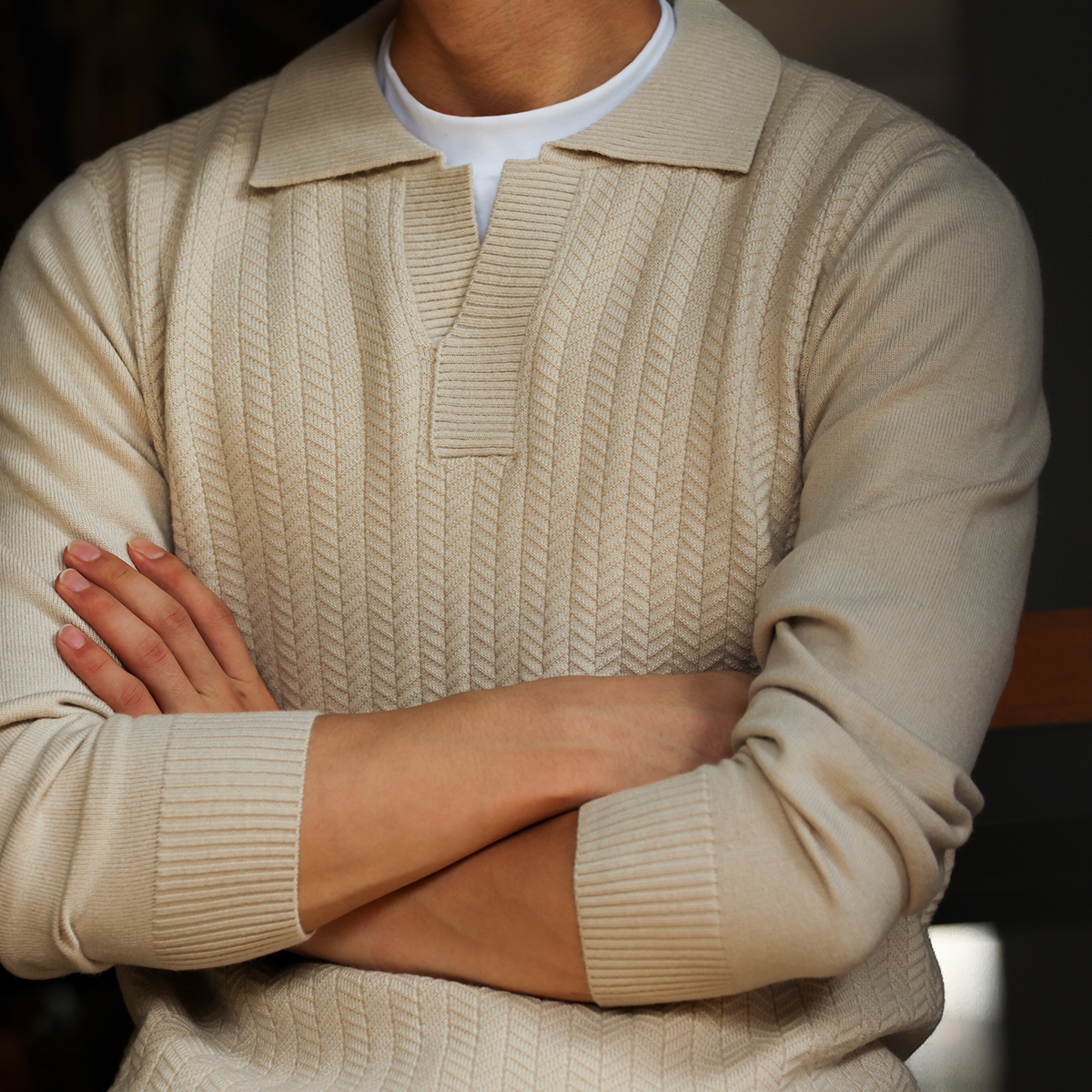 Scissor Neck Men'S Wrinkle Resistant Knitted Casual Polo Shirt