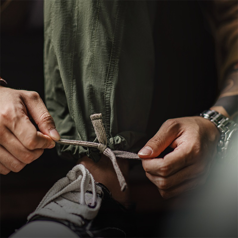 Maden Retro Quilted Fold Double Knee Pants Thin Drawstring Leg Straw Army Green Straight Casual Pants