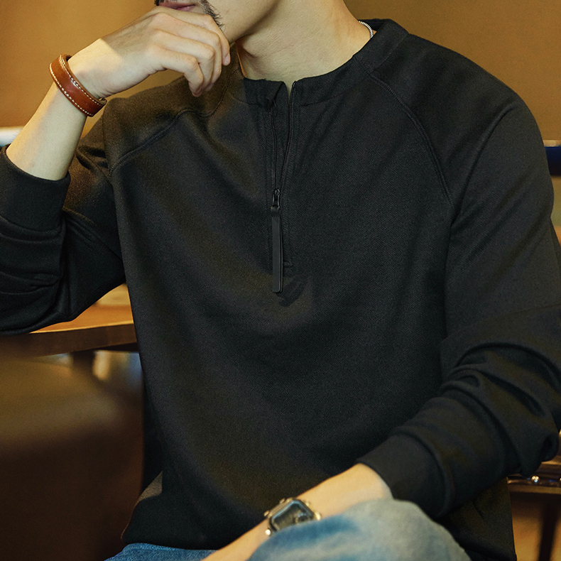 American Retro Black Half Zipper Men'S 2025 Autumn New Long Sleeved T-Shirt