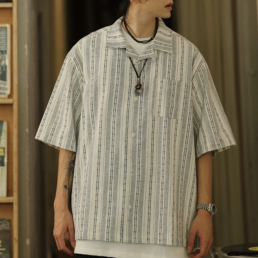 Closed on Wednesdays Summer Japanese Style Striped Pocket Cargo Shirt for Men Youthful Casual Trendy Short Sleeve Shirt