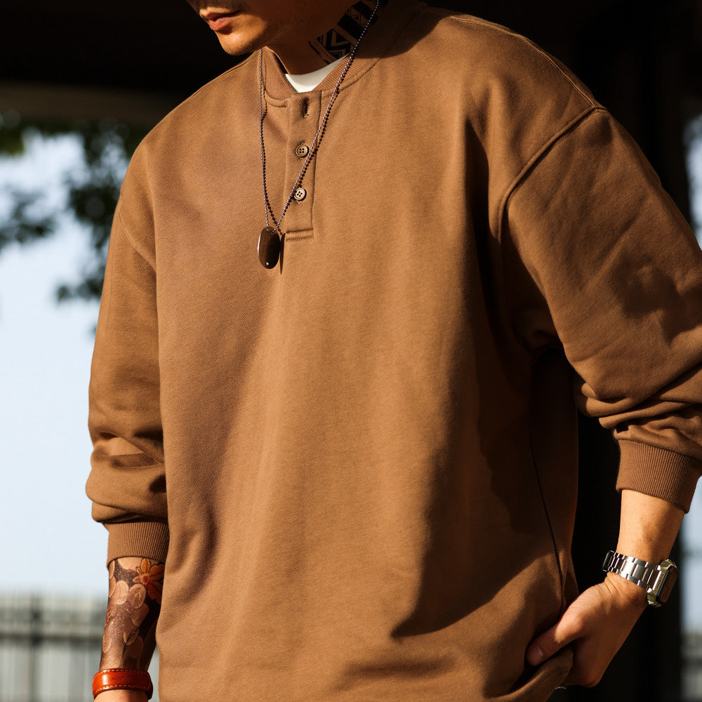 Casual Henry collar looped bottom hoodie, deep khaki clean fit long sleeved base shirt