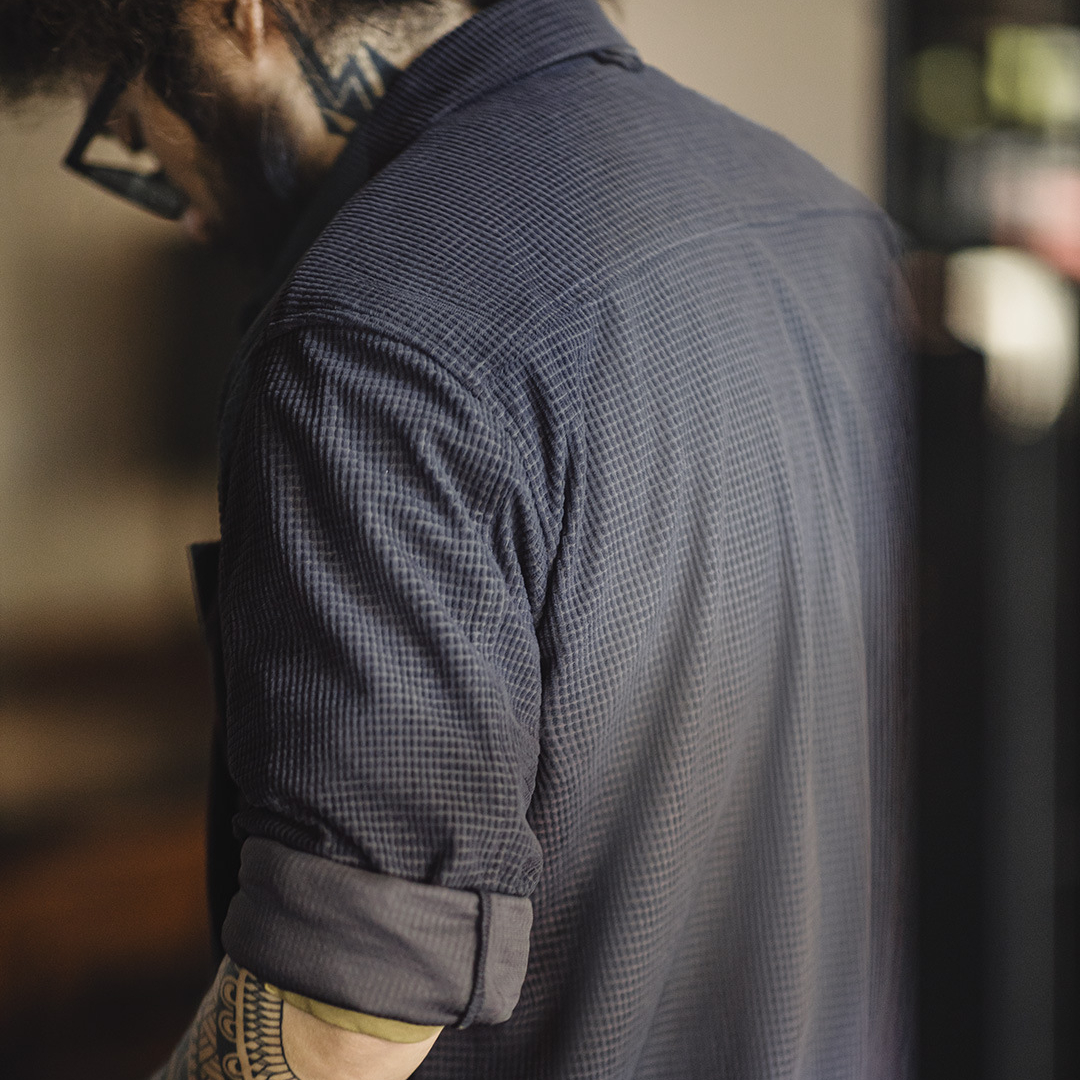 MADEN Retro Corn Plaid Shirt Polo Collar Solid Color Casual Loose Long Sleeve Shirt