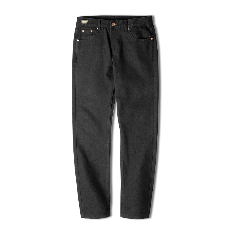 Maden American retro black mid rise jeans, washed tough guy straight leg denim pants