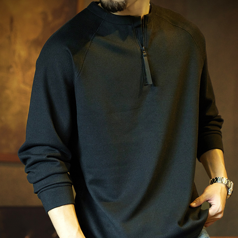 American Retro Black Half Zipper Men'S 2025 Autumn New Long Sleeved T-Shirt
