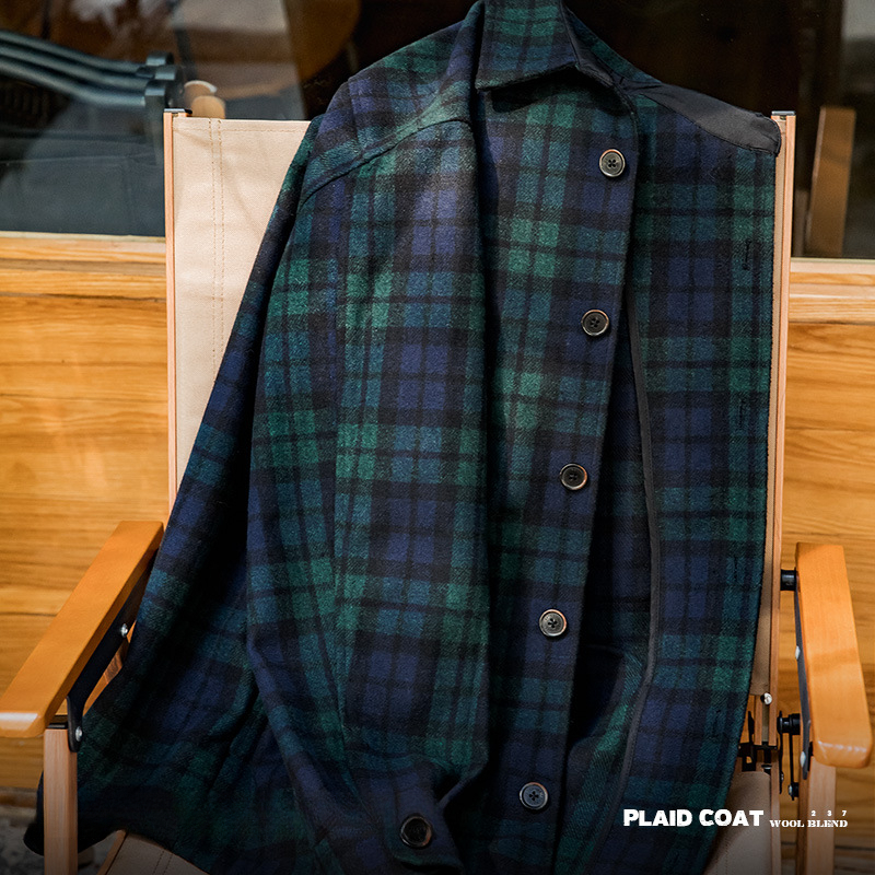 Maden Japanese retro blue-green plaid wool jacket loose and thick plaid shirt jacket