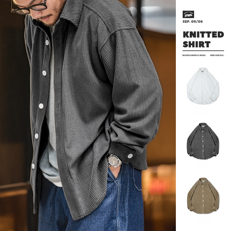 Maden Japanese-Style Retro Jacquard Knitted Dark Gray Shirt Long Sleeve Thick Coat Shirt