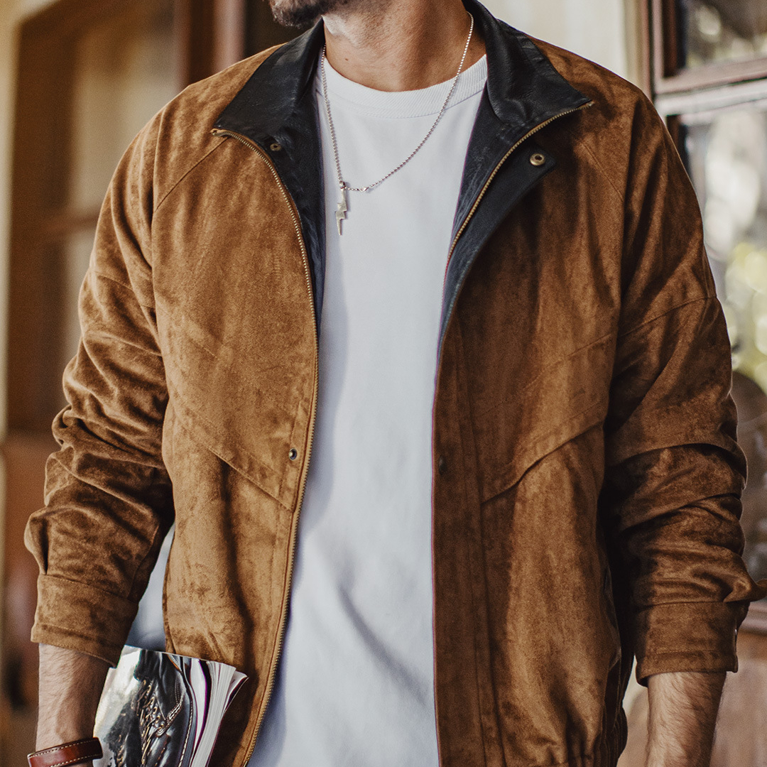 American Retro Suede Stand Up Collar Short Maillard Suede Jacket