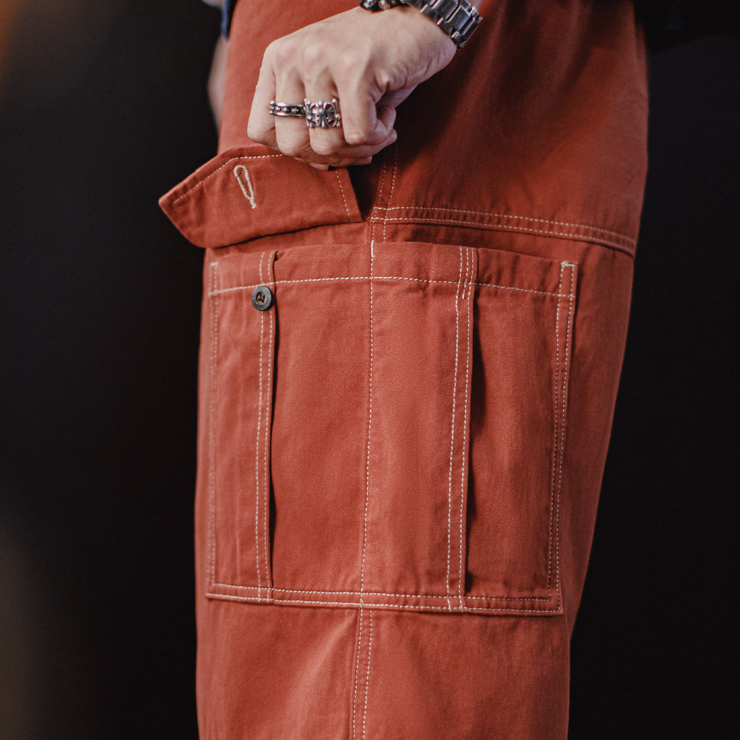 American Retro Multi Pocket Brick Red Straight Leg Wide Leg Ankle Binding Work Pants