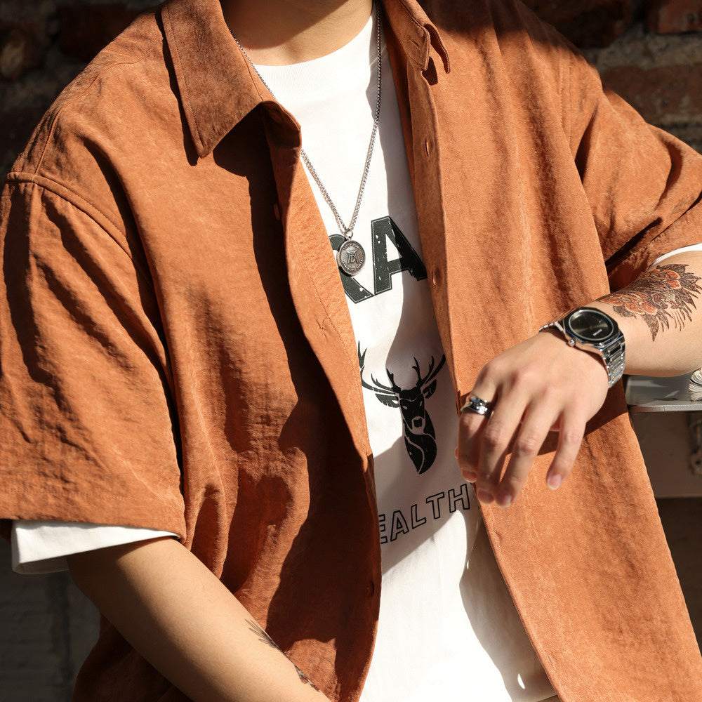 Summer casual men's American loose wrinkle resistant high-end short sleeved shirt