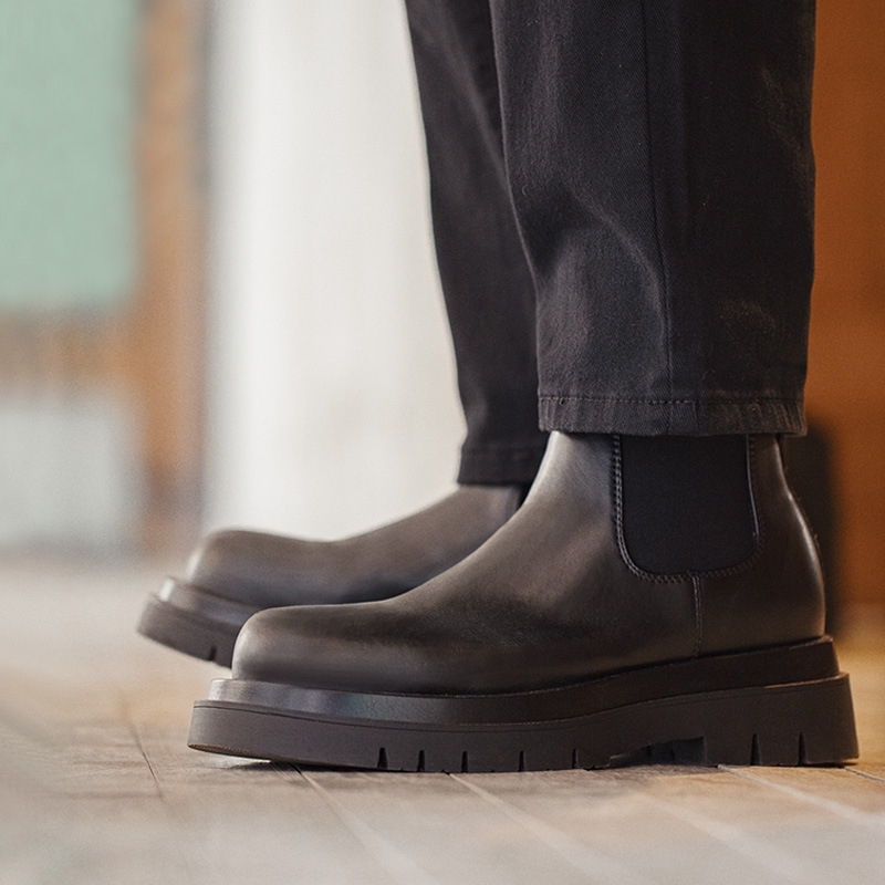 Maden Chercy boots with thick sole for increased height, casual black leather short boots, Martin boots