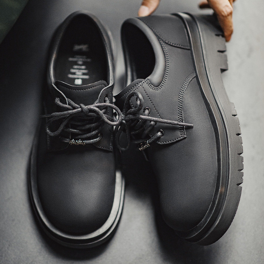 Derby Shoes Men'S Thick Soled Raised Round Toe Black Commuting Casual Leather Shoes