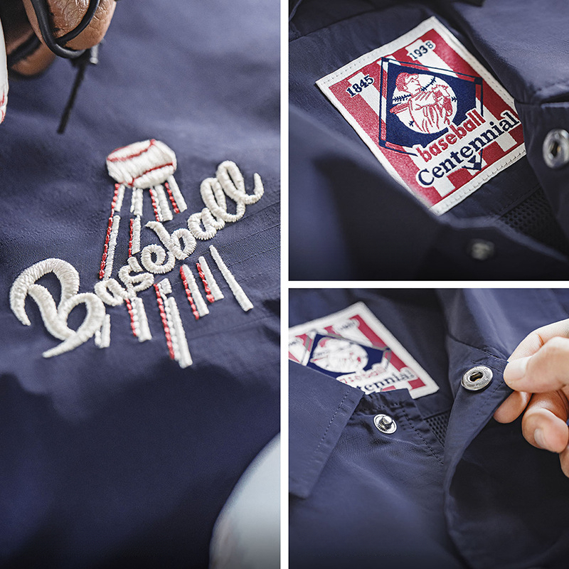 Japanese Retro Embroidered Navy Blue Lapel Coach Jacket